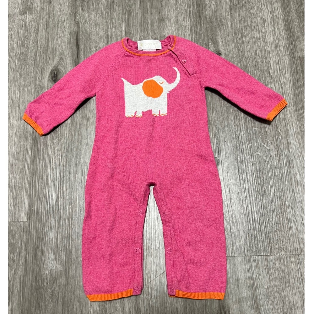 Lucky Jade Baby Girl Pink Elephant‎ Knit Cotton & Cashmere Romper 6-12 Months